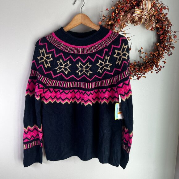 Cece Womens Fair Isle Funnel Neck Soft Sweater SMALL Navy Pink Long Sleeve - Picture 1 of 9
